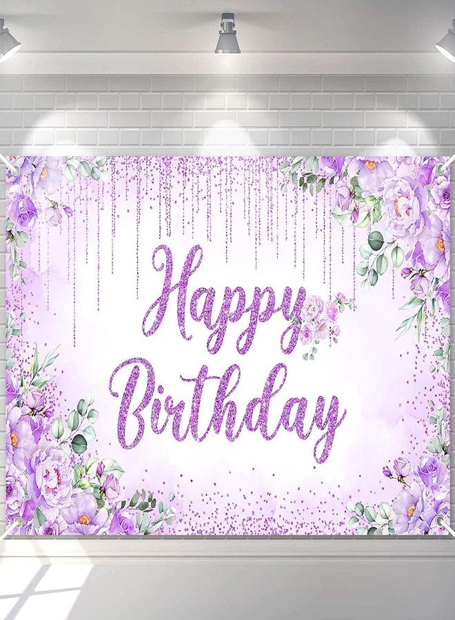 Avezano Happy Birthday Backdrop Banner for Girls Women Happy Birthday Party Decorations Floral Glitters Bday Banner Party Supplies (Purple, 6x3.6ft) - Image 1